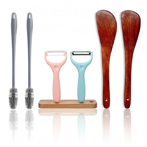 Image of KBS Bottle Cleaning Brush Silicone Long Handle for Water Bottle Containers Vase and Glass Sports Bottle Cleaner for Home and Kitchen Accessories Item (2-BOTTLEBRUSH+2-Peeler+2-Spatula)