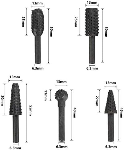 Saipor 5pcs 1/4" Shank Rotary Rasp File Burr Set Woodworking Chisel Shaped Rotating Embossed Grinding Head and 10pcs 1/8" Shank HSS Routing Router Bits Burr Wood Carving Drill Bits Set
