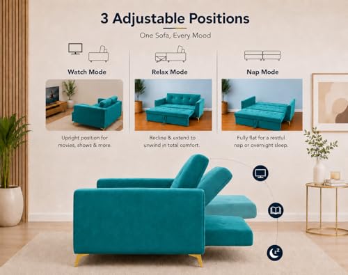 Image of Adorn India Premium Mystic - 3 Years Warranty - 3 Seater Sofa Cum Bed Velvet Suede Fabric - Aqua Blue