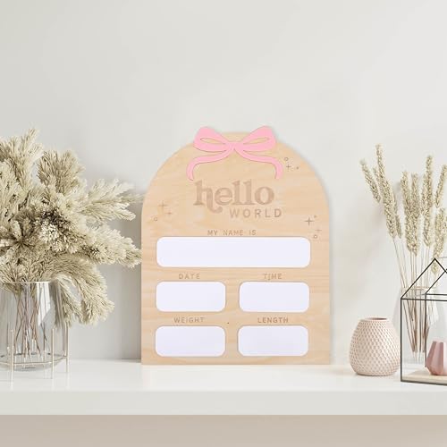 Image of Bow Baby Birth Announcement Sign-Wooden Milestone Card, Hello World Sign, Nursery Decor, Birth Announcement Board, Decorative Photo Props Baby Shower, and Souvenirs