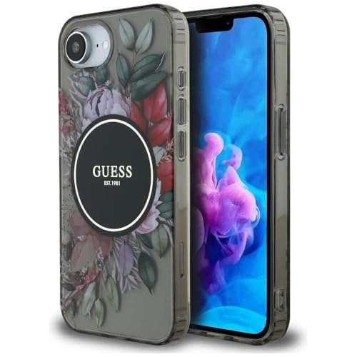 CG Mobile Guess IML Flowers Coque Compatible avec MagSafe pour iPhone 16e (Noir)
