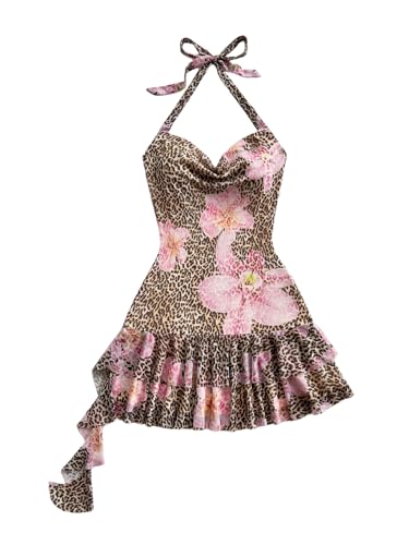 Girl's Floral Leopard Halter Mini Dress Y2k Draped Layered Ruffle Tie Backless Short Dresses
