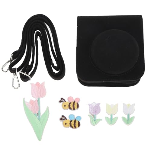 Mbeysaq Mini 12 Camera Black Felt Bag with Tulip Bee Paste - Protective Cover & DIY Decor - Adjustable Shoulder Strap - Lightweight & Scratch
