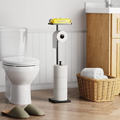 Toilet Paper Holder Stand - iSPECLE Bathroom Toilet Roll Holder with Reserve Storage for 4 Rolls, Toilet Roll Holder Free Standing with Shelf, Black