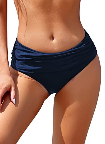 Image of SHEKINI Women's Swimsuit Hipster Bikini Bottoms Full Coverage Ruched High Waisted Swim Bottoms