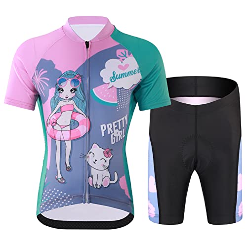 SXSHUN Kinder Jungen Radtrikot Mädchen Fahrrad Trikot Radhose mit Sitzpolster Kurzarm Radshirt Radsport Anzüge, Rosa+Grün, 152-158