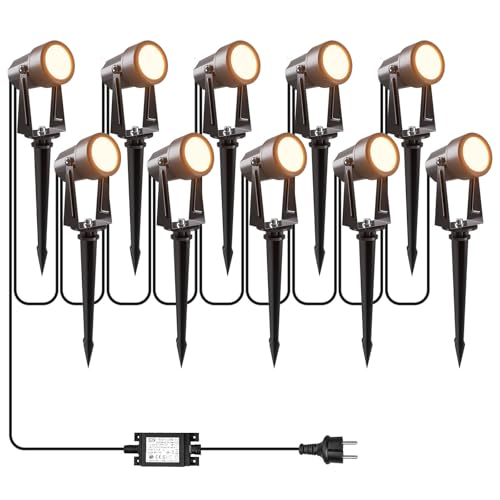 LONIUTO Spot LED Extérieur 32M, 3W×10 Projecteurs Extérieurs Imperméables IP65, 27V Blanc Chaud 3000K LED pour Pelouses, Cours, Terrasses, Maison