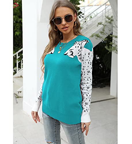 Mansy Women's Casual Long Sleeve Crew Neck Cute Animal Leopard Print Knitted Pullover Sweater Tops3