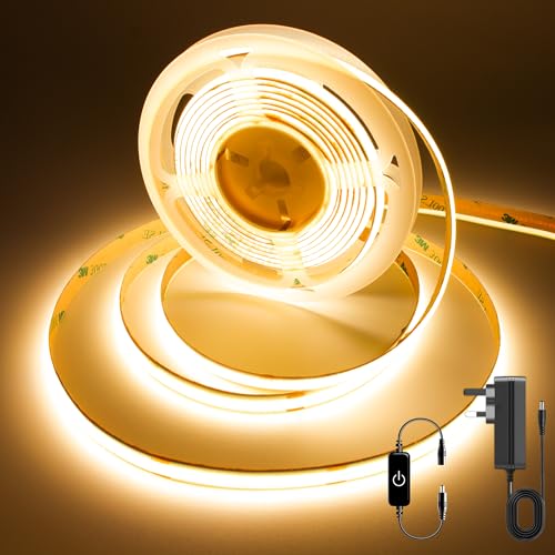 FUIQI COB LED Strip Light 3M Dimmable Dotless LED Strip with Touch Controller Warm White 2700K with Power Supply 8mm Wide CRI>90 24V LED Band for Indoor Room Kitchen Bookshelf Mirrors