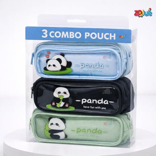Image of Zqiue Cute Panda Pencil Pouch 3 Combo Set, Double Zipper Transparent Window Pen Case, Large Capacity Canvas Storage Bag for School, Kids, Teens & Office
