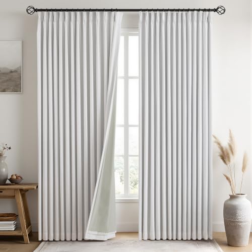 IVAPUPU White Linen Pinch Pleated Full Blackout Curtains 90 Inches Long
