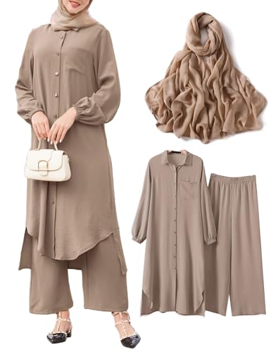 Abayas Dress for Women Muslim Robe Islamic Kaftan 3 PCS Set Long Sleeve Button Shirts Pants Hijab Dubai Outfits