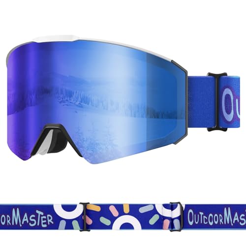OutdoorMaster Falcon Kids 100% UV Protection Ski Goggles Anti Fog Snowboarding Goggles for Glasses(White Frame+VLT 15% Grey Lens with Revo Blue+Sun Strap)