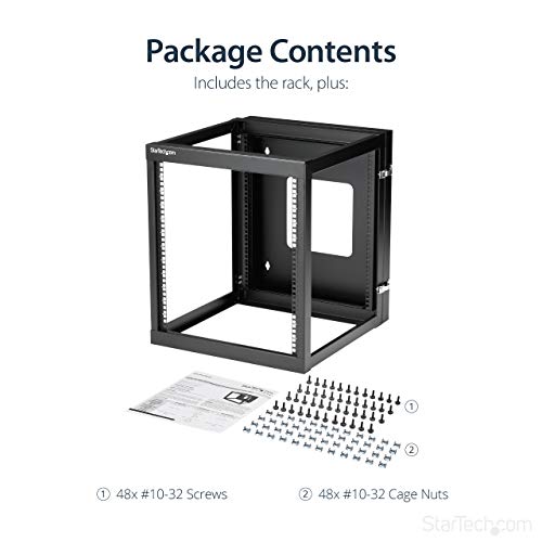 Image of StarTech.com 4-Post 12U Hinged Wall-Mount Network Rack, 19 inch Open Frame Server Rack with 19.8in Mounting Depth, Wall Mount Swing Out Data Rack for IT / AV / Computer Equipment, TAA (RK1219WALLOH) | Swing-out hinged frame, SPCC cold-rolled steel, Ships fully assembled, Cage nuts, 19.8in /50.2cm depth