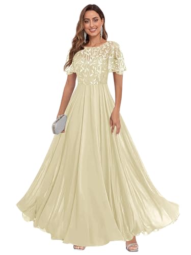 Fu Jiang Short Sleeve Mother of The Bride Dresses Long Sequin Lace Formal Evening Dresses for Women with Pockets