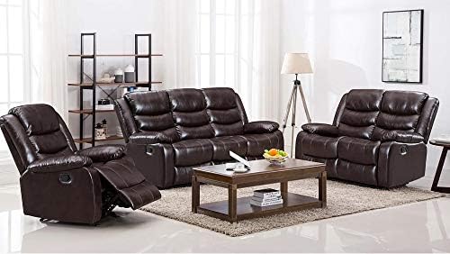 Hamar 3 Pieces Reclining Sofa Set in Brown PU Leather