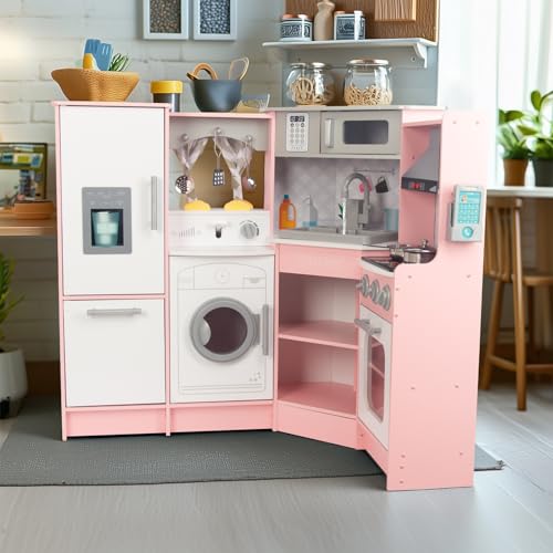 Wooden Pink Kitchen Playset for Kids with Real Lights and Sounds, Include Water Circulation Faucet, Ice Machine, Pop-up Toaster, Microwave, Oven, Cell Phone, Hoods, Gas Stoves and Cooking Accessories