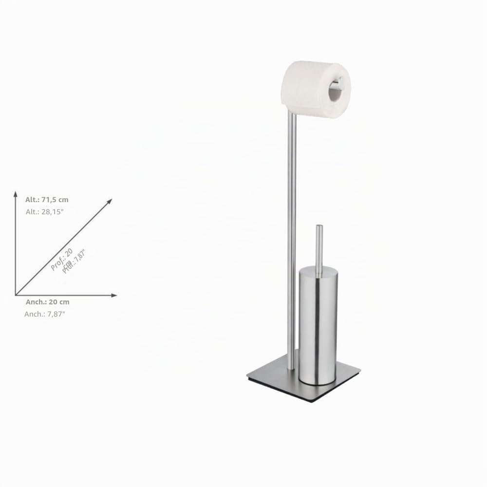 WENKO Set de accesorios de pie para inodoro Recco, escobillero y portarrollos de acero inoxidable satinado con base firme, incl. escobilla con cabezal de silicona, 20 x 71,5 x 20 cm