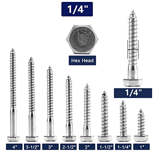 Image of 1 /4 inch x 3-1 /2 inch Hex Head Lag Screws Bolts 10Pcs 304 Stainless Steel 18-8, Partial Thread, Hexagon Head Wood Screws by SG TZH
