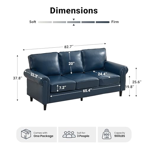 Image of Kingfun Faux Leather 3 Seater Couch, Mid Century Modern Sofa with Rolled Arms and Deep Seats, Fluffy Comfort for Living Room, Apartment, Easy Assembly, Blue
