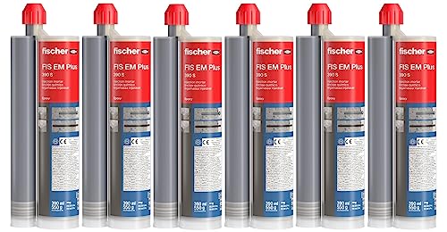 fischer Injection Mortar FIS EM Plus 390ml (13.2 Oz) Chemical Anchoring on Cracked and Uncracked Concrete Strongest Universal Mortar in The Market - 6 Pack with 12 Mixer nozzles