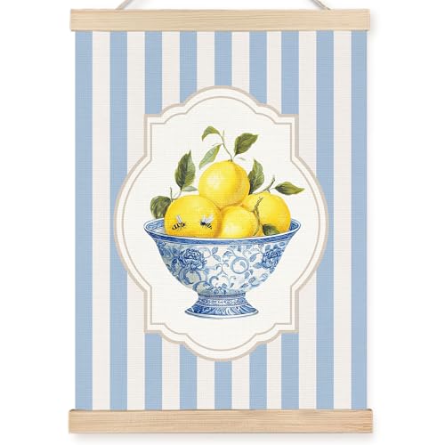 Image of PQKIY Blue and White Chinoiserie Porcelain Lemon Wall Art Poster Hanger Frame 12x16 in, Grandmillennial Summer Lemon Fruit Blue Striped Wall Decor Canvas Prints for Home Kitchen Bedroom Living Room