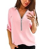 NPRADLA Damen Chiffon Blusen Elegante Reißverschluss Langarmshirts Bluse Tunika Oberteile T-Shirt V-Ausschnitt Tops