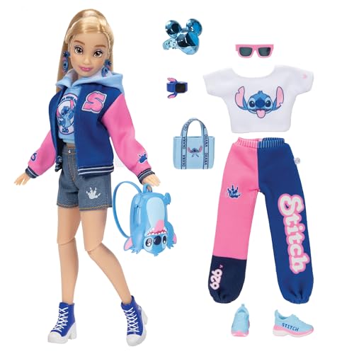 Disney Ily 4EVER Muñeca Fashion 30 cm Inspirada en Stitch Universitaria de Jakks Pacific - Incluye 2 Outfits y Accesorios - hasta 10 Puntos de Articulación, Brown Wavy Hair Stitch Fashion Doll