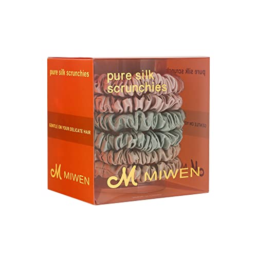 Miwen Silk Scrunchies 100% Pure Mulberry Silk Hair Ties,Gentle On Hair, Soft & Shiny, Less Pulling, Breakage For Ponytail (Small, Champagne+Green+Cherry Pink) #TOP1