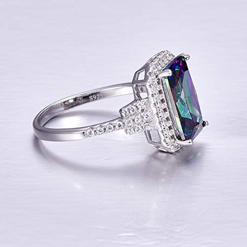 6.85CT Promise Rings for Her, 925 Sterling Silver Ring 8x12mm Simulated Mystic Rainbow Topaz CZ Halo Engagement Wedding Rings for Women4