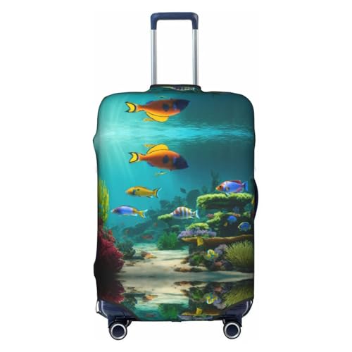 Cute Blue Fish Print Practical Elastic Washable Travel Luggage Cover with Concealed Zipper for Suitcases