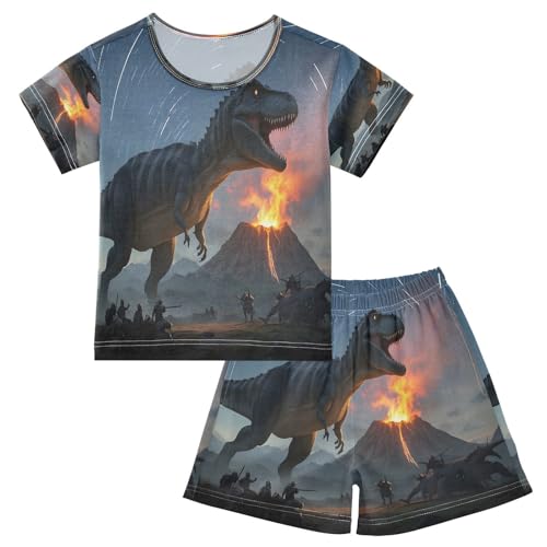 ALAZA Dinosaur Mountain Magic Pajamas Set Short Sleeve Cotton Sleepwear Summer Pjs 2 Piece 5-14Y