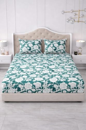 Image of 300 TC Cotton Feel Glace Cotton Elastic Fitted Bedsheet for King Size Double Bed | Fits up to 8 Inch Mattress | Printed Bedsheet with 2 Pillow Covers (Flower, Double Size - 72 inchx72 inch)