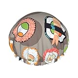 Many Sushi Food Print Large Waterproof Shower Bonnet For Women Long Hair, Washable Elastic Band Bath Hair Hat