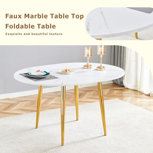Image of Round Dining Table Set for 6, 42-54 inch Expandable Dining Table with 6 PU Upholstered Chairs, Engineered Wood Top, Space-Saving Round Kitchen & Dining Room Table Set(1 Table + 6 White Chairs)