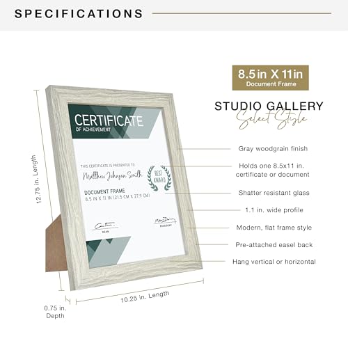 Image of MCS Studio Gallery Picture Frame Gray Woodgrain Engineered Wood, 8.5x11 | Studio Gallery Picture Frame Gray Woodgrain Engineered Wood, Vertical Or Horizontal Hanging Frame, 8.5x11 Inch, 1-Pack