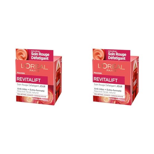 L'Oréal Paris - Revitalift - Soin Rouge Défatigant & Énergisant - Anti-Rides & Extra-Fermeté - Enrichi au Pro-Rétinol et au Ginseng Rouge - Pour Tous Types de Peaux - 50 ml (Lot de 2)