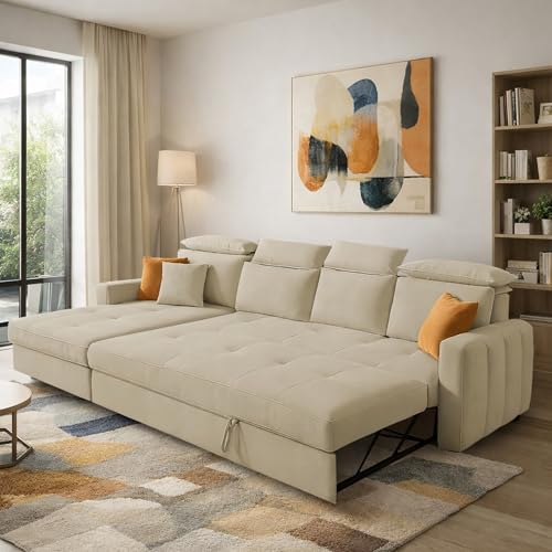 Image of Casaliving Gagnon LHS 6 Seater L Shape Corner Sofa Cum Bed for Living Room (Cream Fabric) Premium Fabric Sofa