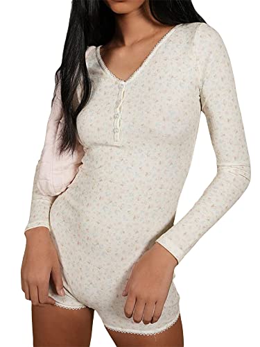 Miolasay Y2K Kurzarm-Body für Damen, Einteiler, figurbetont, Shorts, Overall, Blumendruck, Teddy-Pyjama, A-weiß, S
