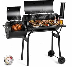 TLSUNNY Holzkohle Smoker Grill mit Schornstein, Holzkohlegrill Grillwagen mit 2 Kammern, Thermometer, Grillablage, 2PCS Rädern, Räucherofen und Grillfunktion, Smoker Räucherofen für Grillpartys