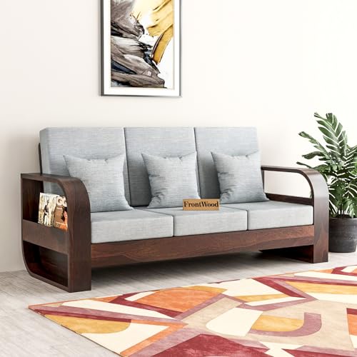 Image of Sheesham Wood 3-Seater Sofa - Solid Wood Frame with Walnut Finish & Grey 40-Density Cushions | Comfortable Sofa Set for Living Room & Home Office