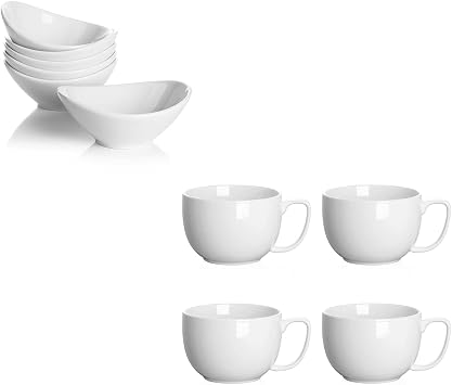 Teocera White 24oz Coffee Mugs Set of 4 and 6oz Dessert Bowls Set of 6