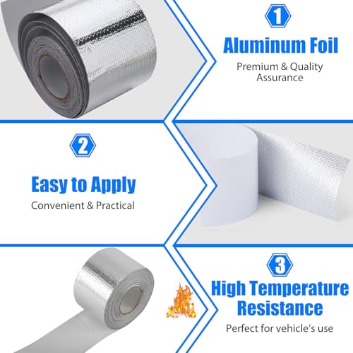 Image of Xinhan (Gold,Silver,Black) Aluminum Foil Heat Shielding Tape High Temperature Heat Reflective Adhesive Backed Tape Compatible With Car Intake Pipe Engine Bay Hoses Wires Etc (Silver, 2in x 15ft)