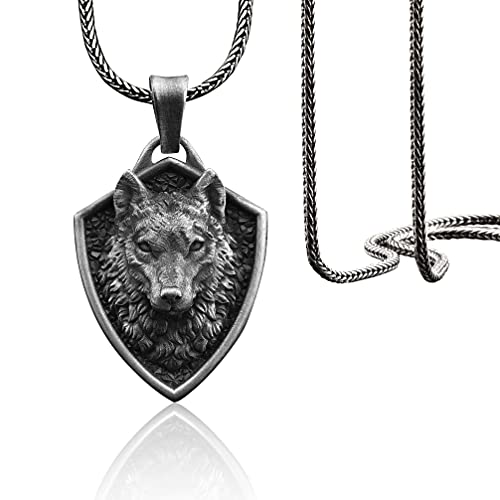 Norse Mythology Wolf Handmade Sterling Silver Men Charm Necklace, Viking Wolf Jewelry, Fenrir Wolf Head Pendant with Chain, Animal Necklace