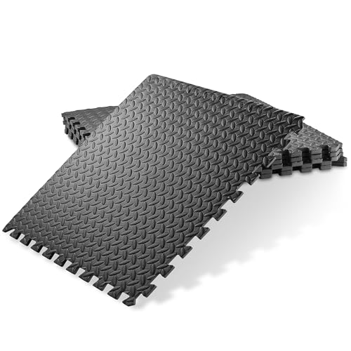 Philosophy Gym Pack of 6 Exercise Flooring Mats - 24 x 24 Inch Foam Rubber Interlocking Puzzle Floor Tiles - Black