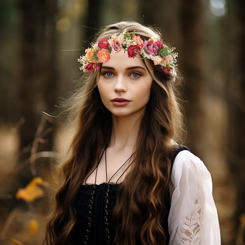 Vivivalue Rose Flower Crown Boho Flower Headband Hair Wreath Floral Headpiece Halo with Ribbon Wedding Party Festival Photos Pink - Thumbnail 4