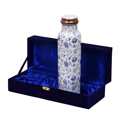 Image of GTAC Printed Design With White Blue Floral Design Coppe water Bottle, Storage Water, 1000 ML, Designer::Set of 1 With Box| Copper Bottle | Gift Set | Office Use| Sports| Daily Use.