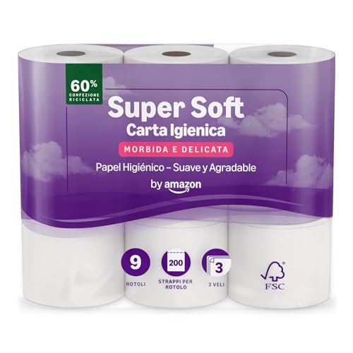 by Amazon Papel Higiénico Supersuave de 3 Capas, 9 Rollos (1 Paquete de 9), 200 Hojas por Rollo, Con Certificación FSC