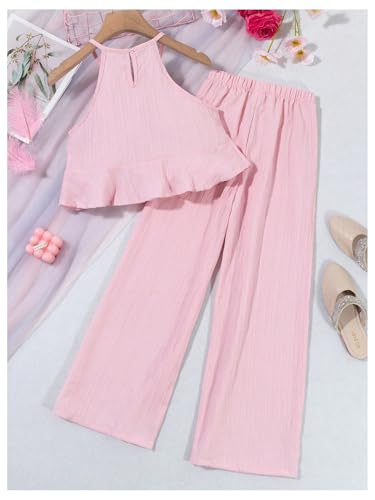 Image of SweatyRocks Girl's 2 Piece Outfits Ruffle Halter Sleeveless Top and Elastic High Waisted Pants Set