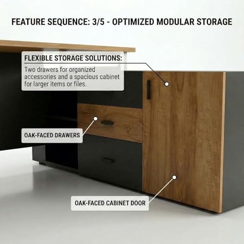 Image of FFO Executive L-Shaped Office Desk with Storage Cabinet | Premium Wooden Manager Table for Home & Office | Large Workstation with Drawers & Cupboard | Modern Boss Desk (Black & Coach Wood)
